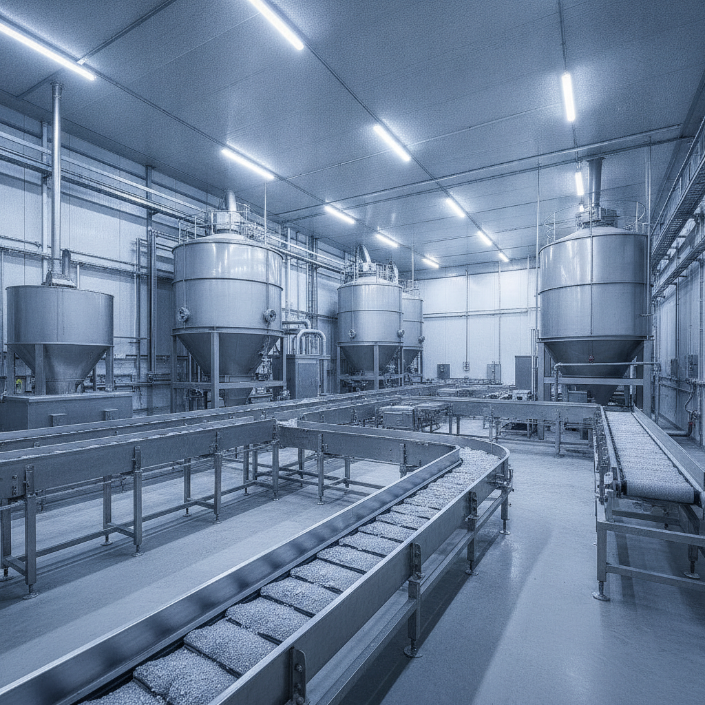 Silberverarbeitungsanlage mit metallischen Förderbändern unter kühlem Industrielicht