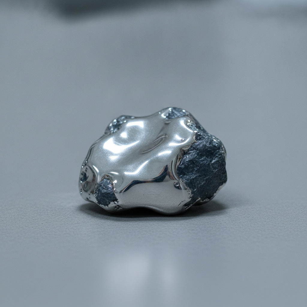 Poliertes Silbererz-Gesteinsexemplar auf grauer Laborfläche mit reflektierender Oberfläche