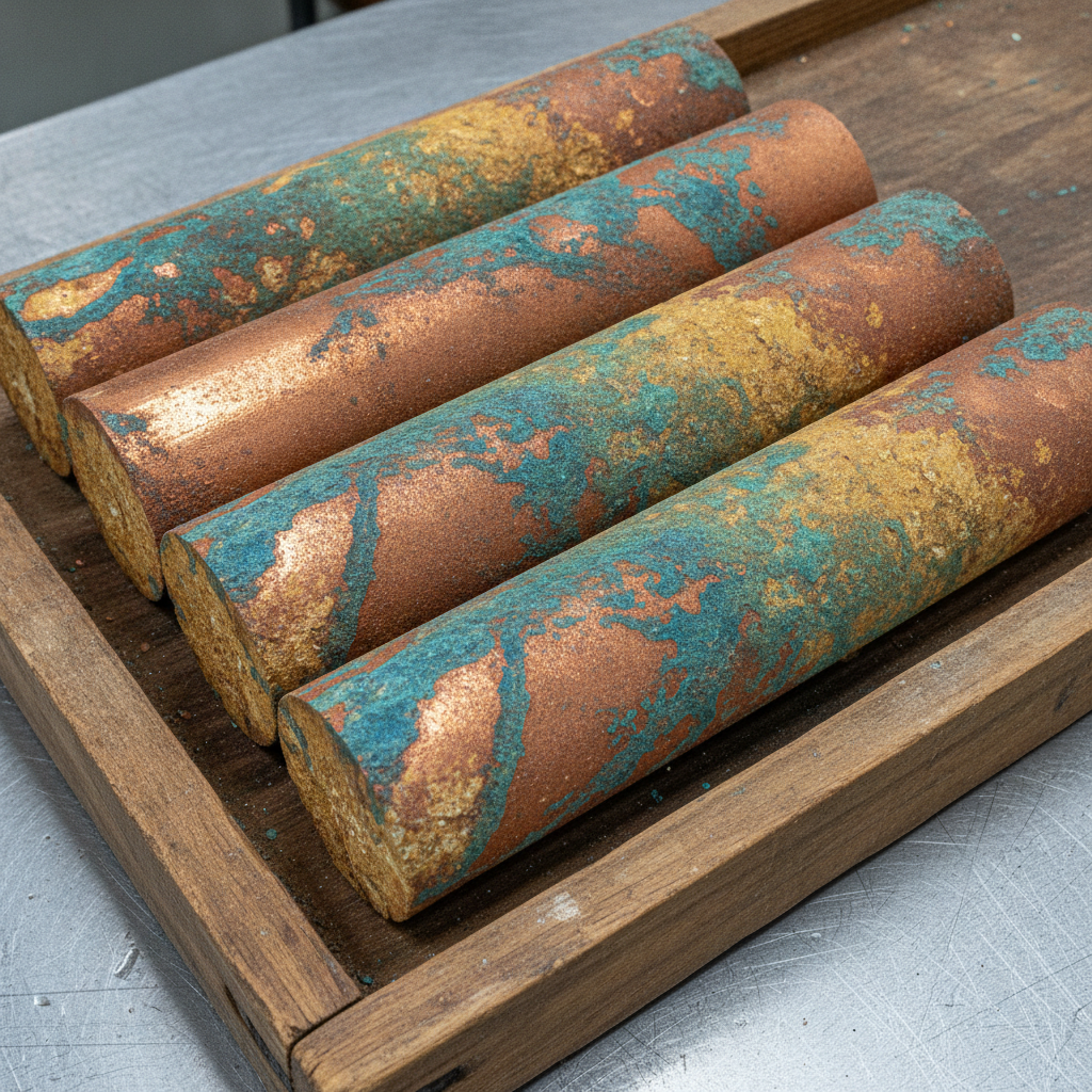Copper drill cores with red-orange ore and blue-green oxidation patina on a field work table