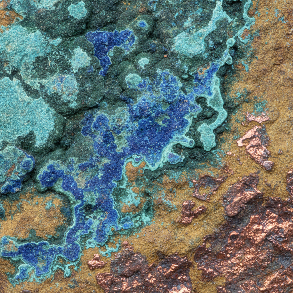 Kupfererz-Probe mit blaugrüner Malachit-Patina und rötlich-orangen Kupfereinschlüssen