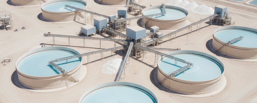 Lithium-Verarbeitungsanlage in der Wüste aus der Vogelperspektive bei hellem Tageslicht
