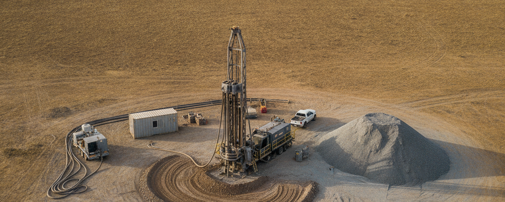 RC-Bohranlage auf flachem Gelände in Westaustralien aus der Vogelperspektive
