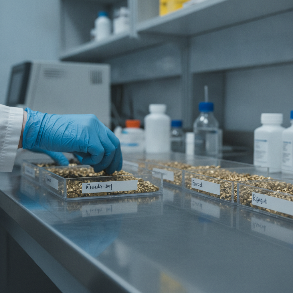 Geochemische Analyse von RC-Bohrgut-Chips im Labor auf Edelstahltisch