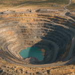 Luftaufnahme einer Goldmine in der patagonischen Steppe mit Bronze- und Grautönen