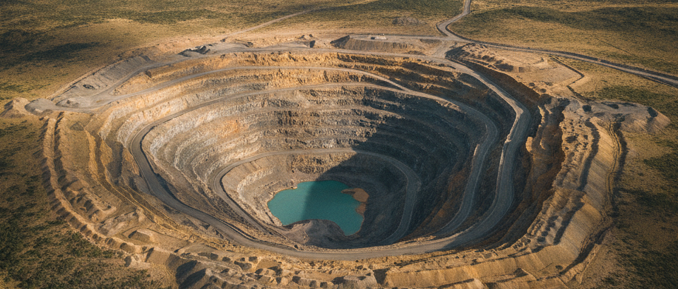 Luftaufnahme einer Goldmine in der patagonischen Steppe mit Bronze- und Grautönen