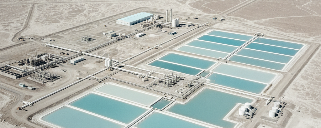 Luftaufnahme einer Lithium-Sole-Verarbeitungsanlage in arider Landschaft mit heller Tagesbeleuchtung
