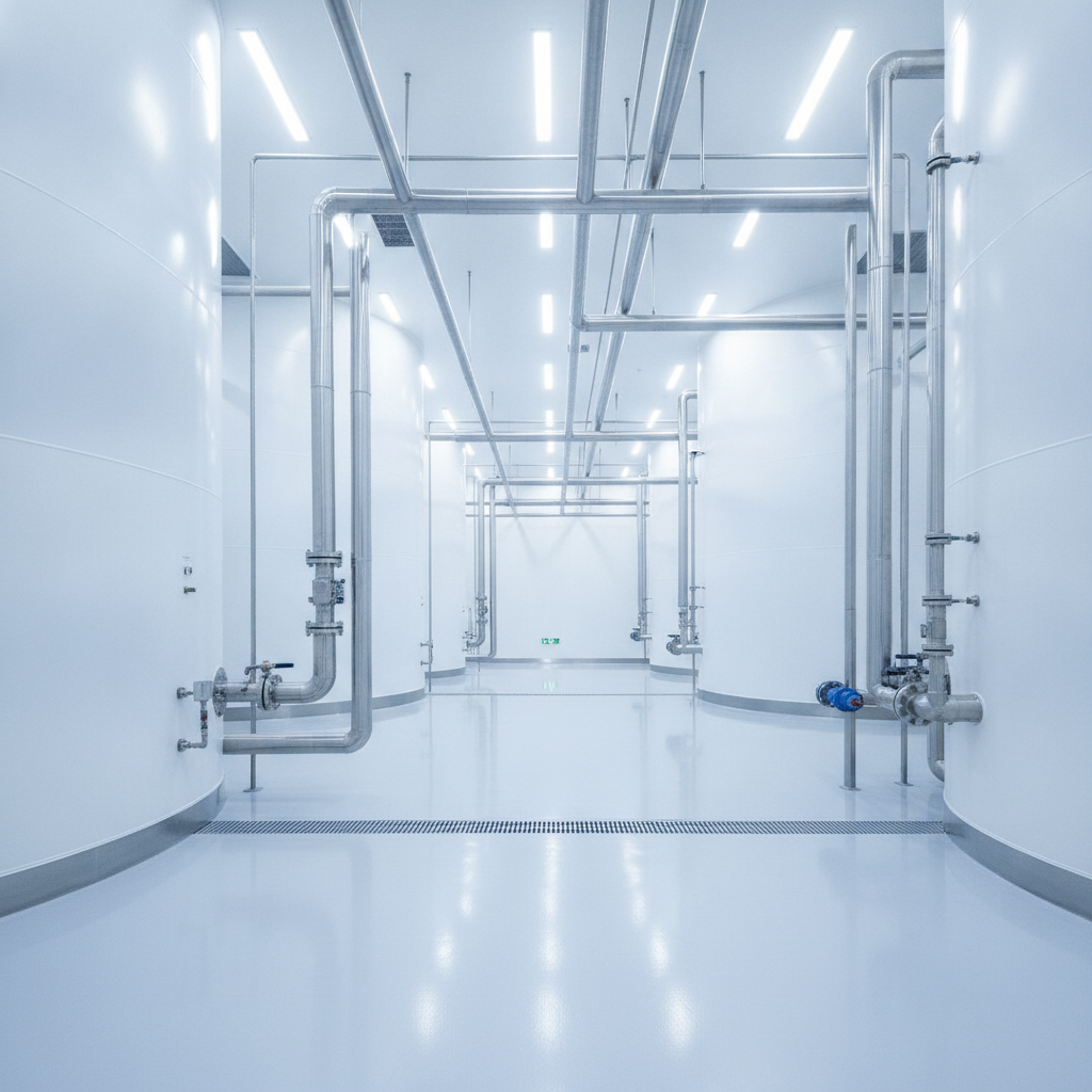 Innenansicht einer Lithiumkarbonat-Verarbeitungsanlage mit weißen Tanks und Edelstahlrohren