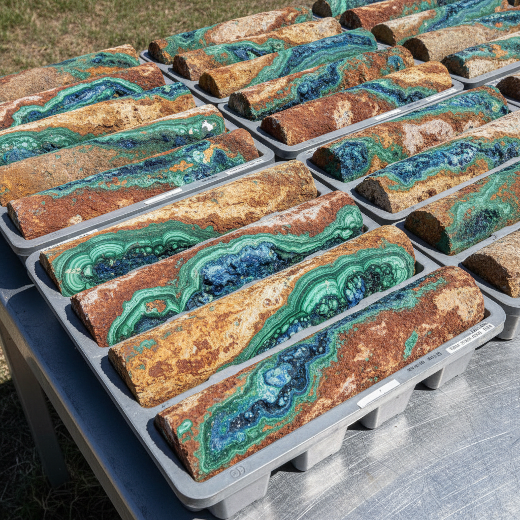 Drill core boxes with copper ore and blue-green malachite mineralization on a field table
