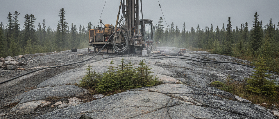 Diamantbohranlage in borealer Landschaft Labradors mit sichtbaren Bohrkernen im Vordergrund