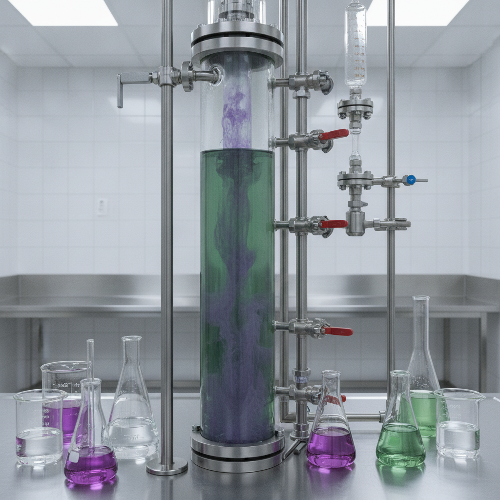 Solvent-Extraktionskolonne in einem Seltenerd-Labor mit violetten Oxidlösungen