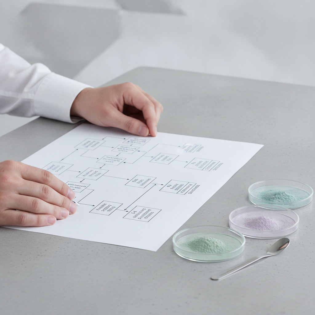 Unternehmensstrukturdiagramm neben Seltenerd-Oxidproben in gedämpften Grün- und Lilatönen