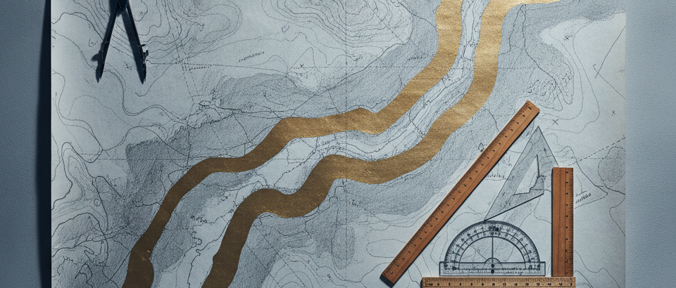 Geologische Karte mit Streichkorridoren einer Goldmineralisierung, markiert mit Messlinien und Annotationen