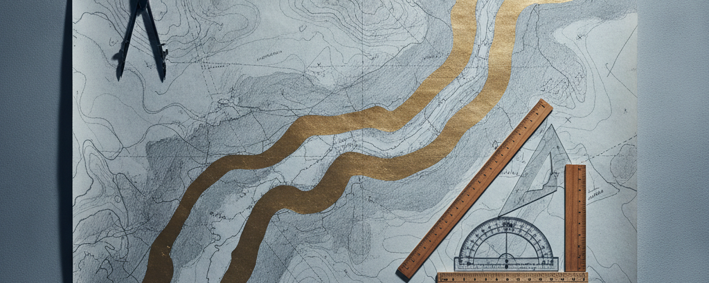 Geologische Karte mit Streichkorridoren einer Goldmineralisierung, markiert mit Messlinien und Annotationen