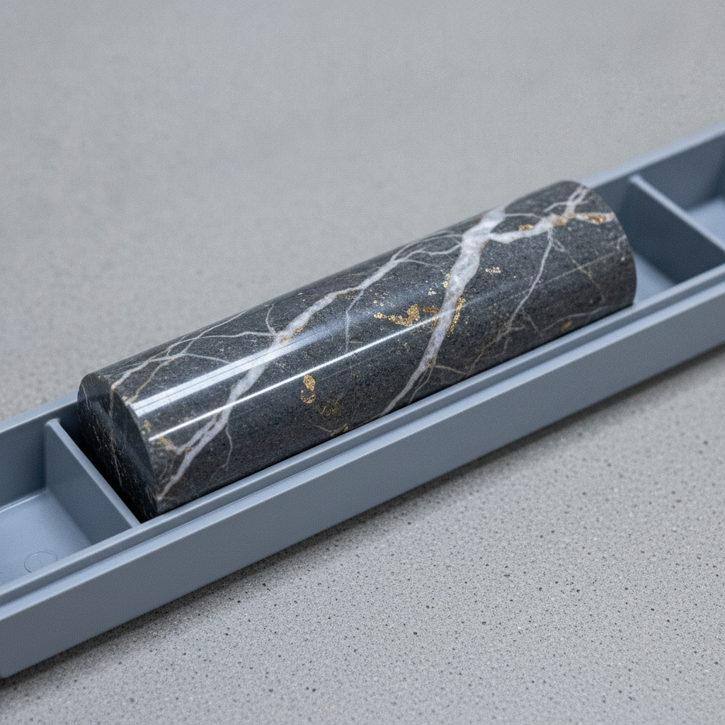 Polierter Bohrkern mit Quarzgängen und Goldmineralisierung in grauem Kernkasten unter Laborbedingungen