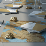 Geologische Projektunterlagen auf einem Konferenztisch – Symbol für M&A-Prozesse im Goldsektor
