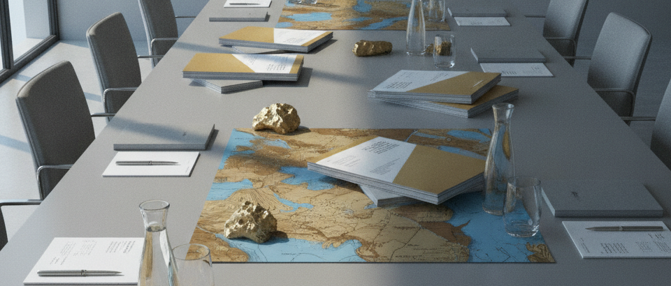 Geologische Projektunterlagen auf einem Konferenztisch – Symbol für M&A-Prozesse im Goldsektor