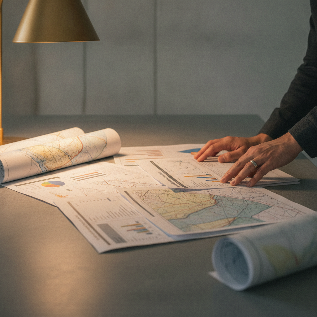 Geologe prüft Machbarkeitsstudie und geologische Karten auf einem Schreibtisch